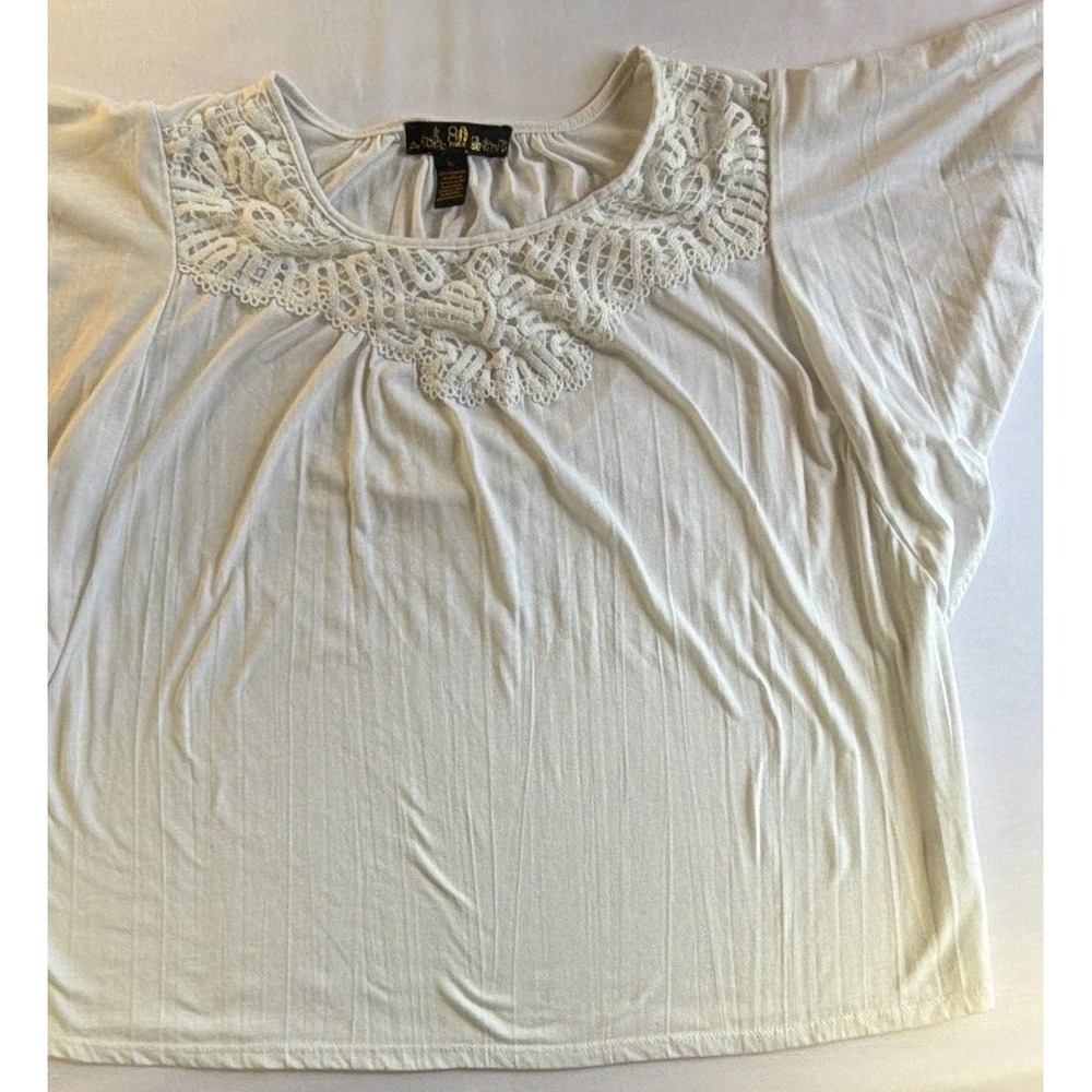 80 Park Women's White Solid Lace Yoke Round Neck Cap Sleeve Blouse XL